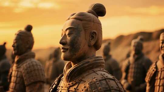 夕阳下的兵马俑特写