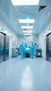 医护人员推送手术床于医院走廊
