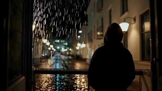 夜晚雨中人物于街道旁的背影