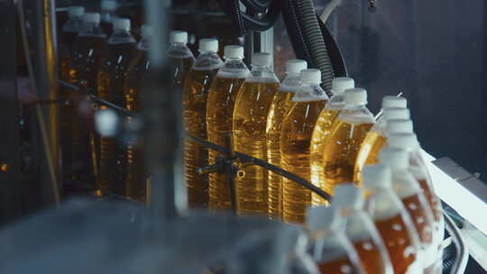 工厂工人将瓶子添加到苏打瓶生产线