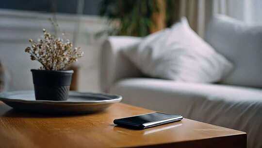 室内茶几上的手机与盆栽