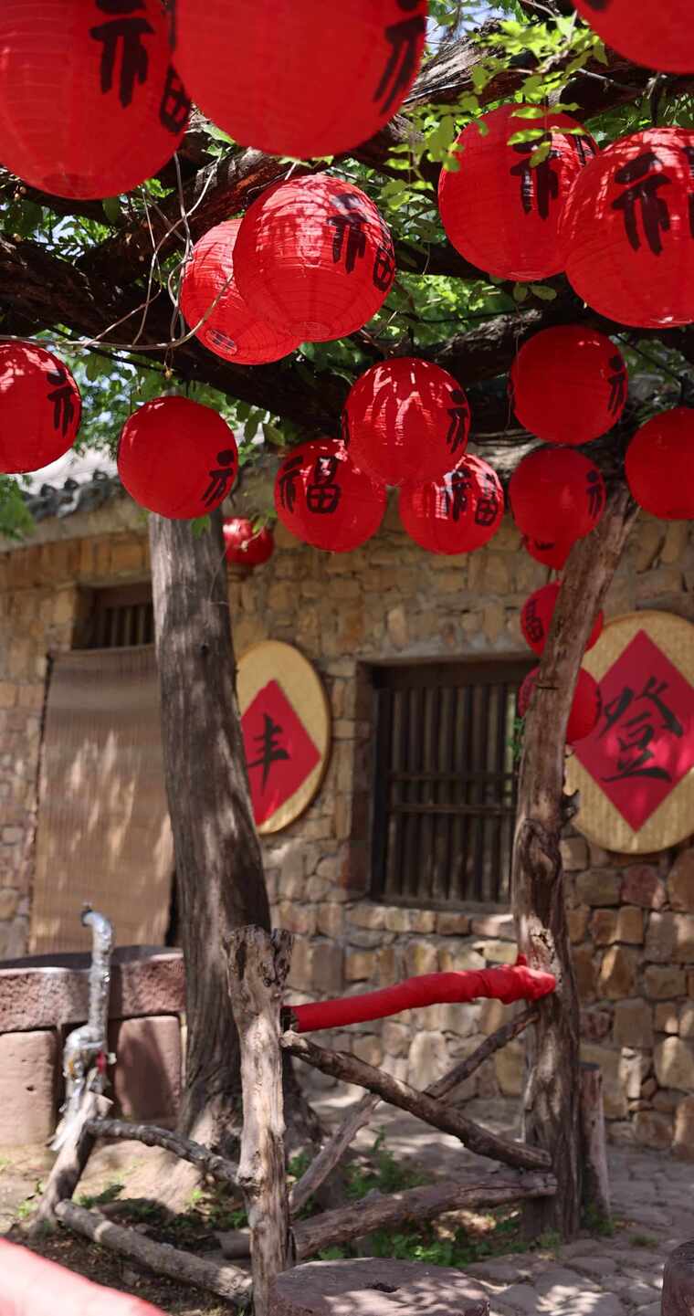 农村悬挂福字红灯笼场景