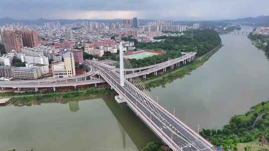 航拍福建龙岩上杭县县城汀江大桥