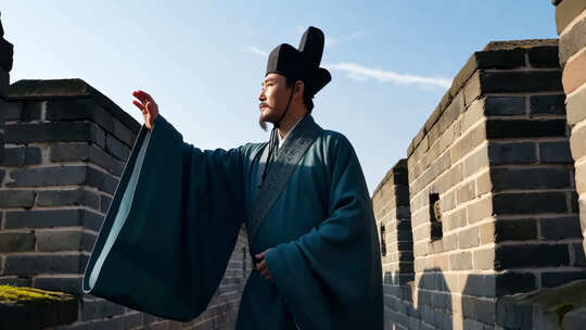 古装男子于城墙处抬手远望