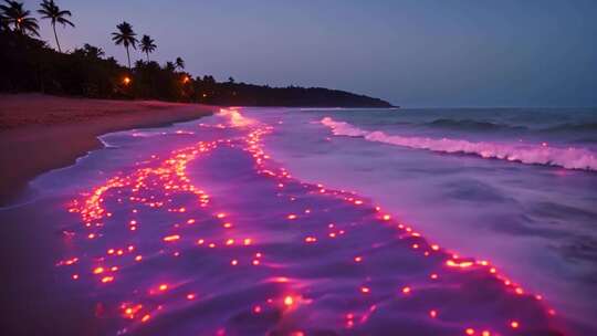 海边夜光海浪与椰林夜景