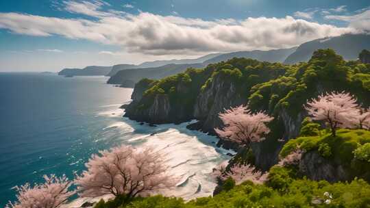 海边山峦樱花自然风光