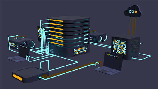 计算机技术3D动画。大数据中心计算。云计