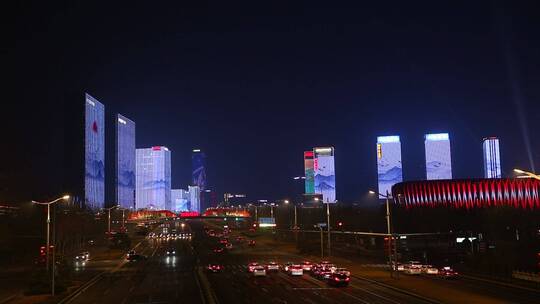 济南经十路夜晚灯光秀，楼体灯光亮化效果视频素材模板下载