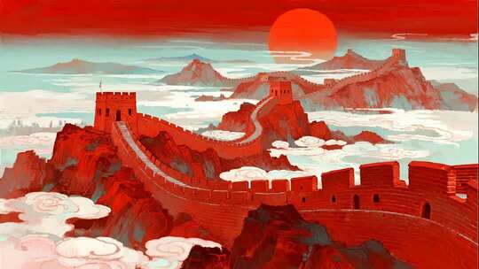 震撼史诗感红色长城云海磅礴风光动画