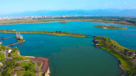 西安昆明池湖水全景航拍