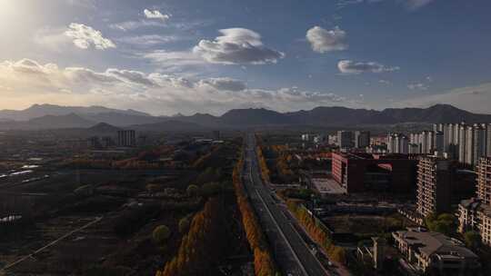 航拍石家庄秋天蓝天白云城市道路