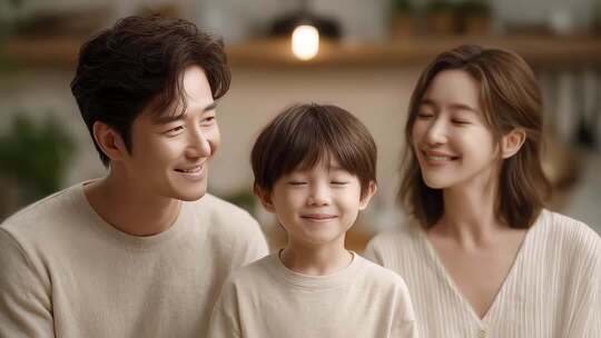 温馨家庭父母孩子幸福微笑