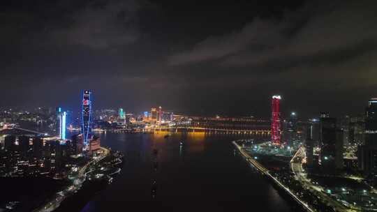 珠海澳门夜景航拍横琴新区城市夜晚建筑风光