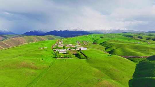 雪山下的草原村庄（新疆治愈系风景）