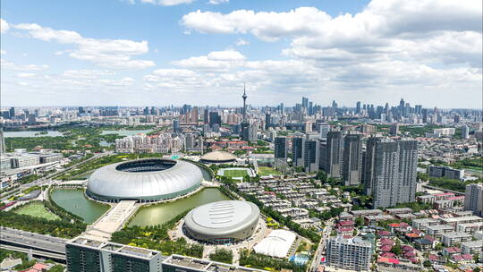 城市航拍延时蓝天白云天津奥林匹克体育中心视频素材模板下载