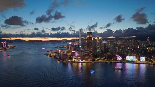 航拍中国香港维多利亚港现代城市夜景