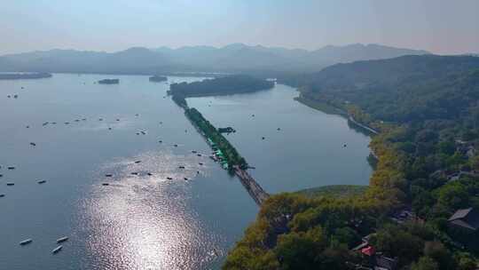 浙江杭州西湖景区断桥残雪风景风光航拍