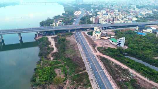 航拍春节清晨惠州城市建筑道路景观