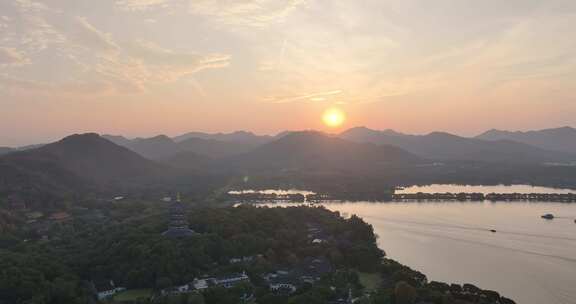 航拍杭州雷峰塔日落