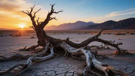 沙漠中孤独的枯树景观