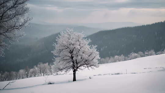 冬天山林积雪下的一棵树