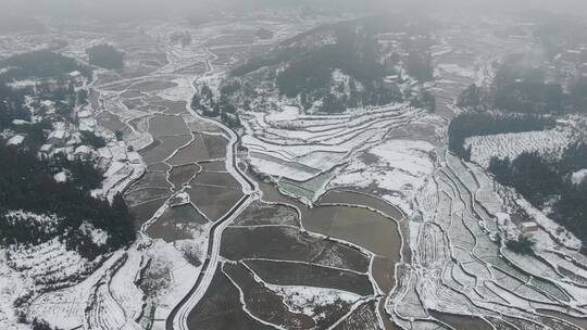 航拍美丽乡村农田梯田雪景视频素材模板下载