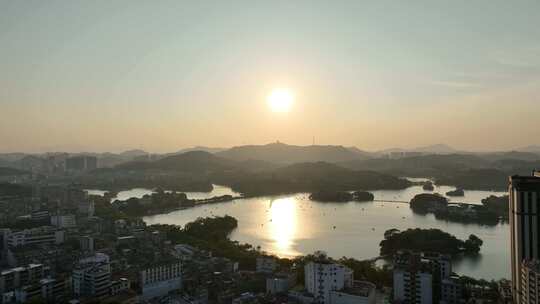 惠州西湖风景区航拍夕阳唯美日落湖泊风景