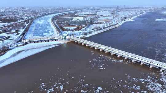 三盛公黄河水利枢纽冬季雪景流凌航拍