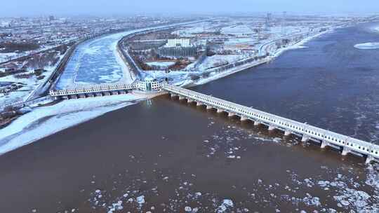 三盛公黄河水利枢纽冬季雪景流凌航拍视频素材模板下载