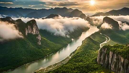 山川河流日出全景