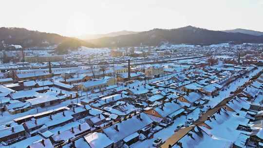 黑龙江冬季横道河子小镇雪乡日落雪景航拍