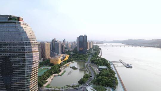 杭州滨江钱塘江边现代城市建筑航拍