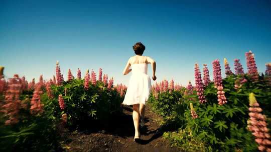 女子在花田中奔跑