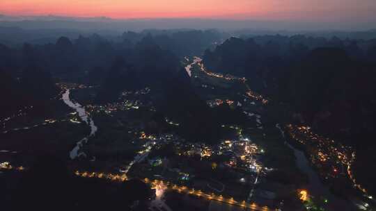 广西桂林阳朔遇龙河工农桥夜景航拍