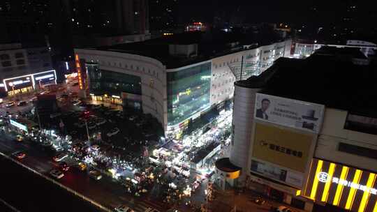 夜市摊宵夜美食摊夜景人流航拍