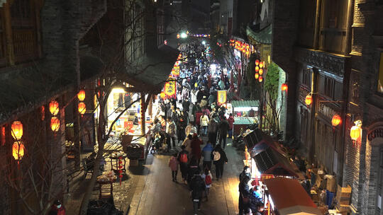 武汉春节民俗汉口里古街道庙会街景夜景