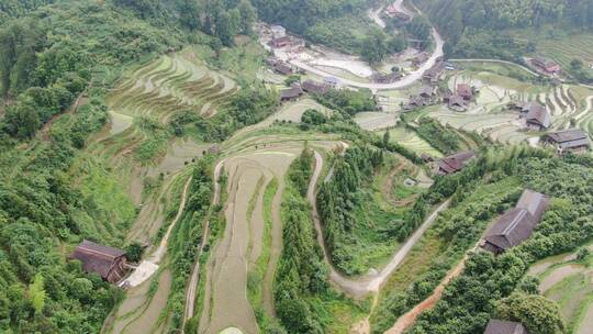 航拍乡村田野大山梯田风光