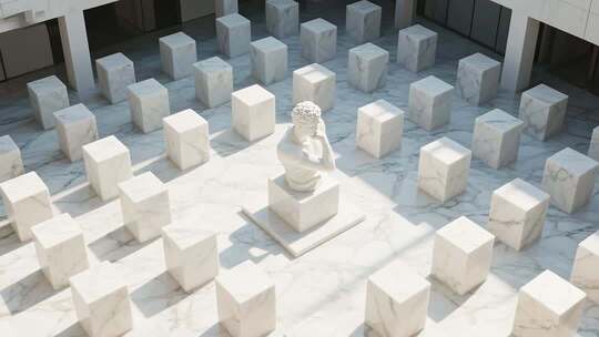 室内白色雕塑与方块场景