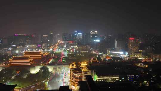 陕西西安永宁门夜景西安城墙夜景航拍