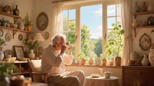 老人居家窗边喝茶场景