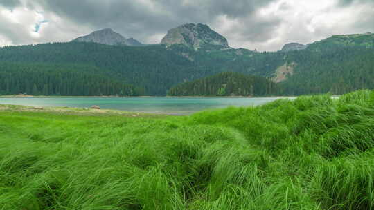 阿尔卑斯山风景优美的山湖景观，草地盛开，山势崎岖