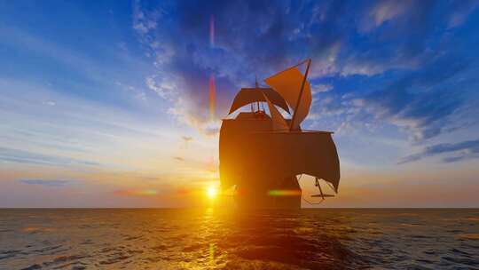 一只帆船在夕阳下孤独前行视频素材模板下载