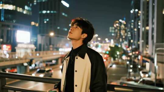 孤独伤感情绪夜晚独自一人天桥喝酒ai素材