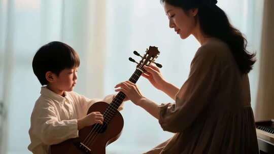 母亲教孩子弹奏尤克里里