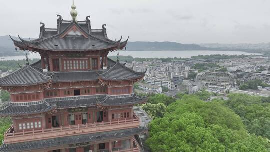 航拍中国浙江杭州西湖雨天城隍阁