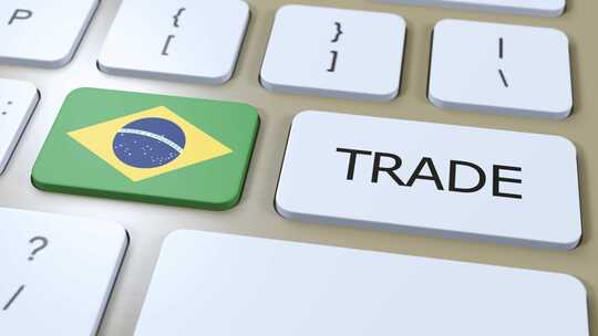 按钮3D动画上的巴西国旗和贸易文本