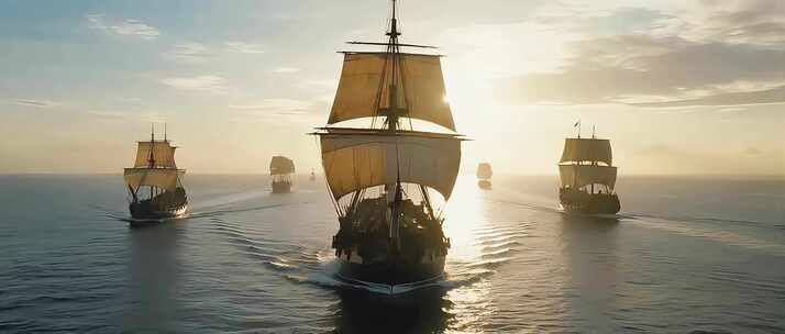 8K海上古帆船舰队巡航复古帆船航行场景