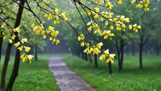 春天雨水中的黄色花朵