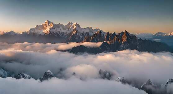 雪山云雾森林阳光树林远山峰大自然生态风景