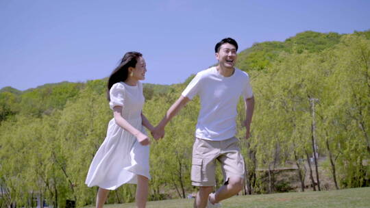 手牵手在草地上奔跑的快乐情侣视频素材模板下载